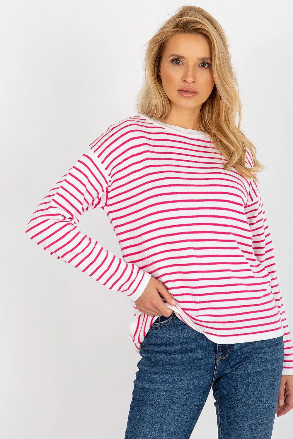 chandail femme Rue Paris marinière rayures fuchsia blanches manches longues encolure bateau maille fine coton mélange coupe oversize