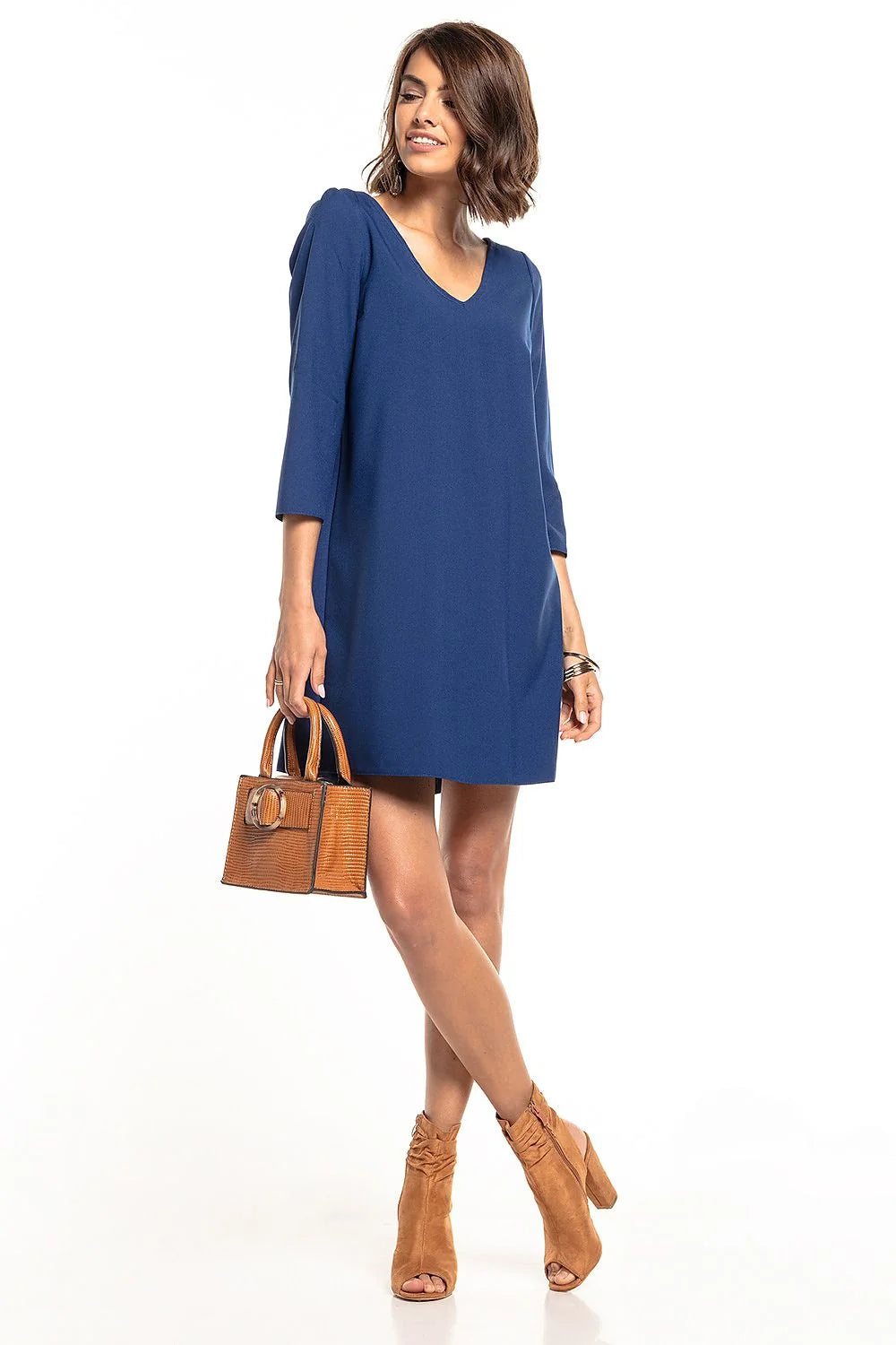 Robe élégante en polyester vert foncé coupe droite chic manches trois-quarts ourlet asymétrique