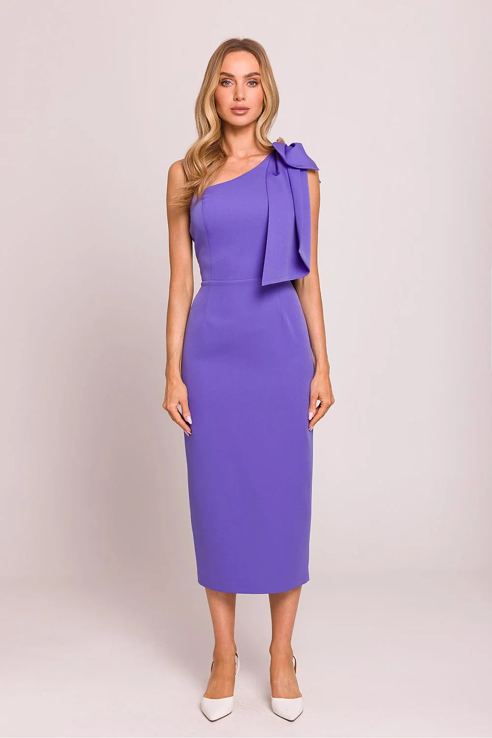 Robe de cocktail élégante asymétrique sans manches épaule nouée taille ajustée couleur violet vif en polyester et élasthanne femme