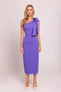 Robe de cocktail élégante asymétrique sans manches épaule nouée taille ajustée couleur violet vif en polyester et élasthanne femme