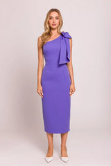 Robe de cocktail élégante asymétrique sans manches épaule nouée taille ajustée couleur violet vif en polyester et élasthanne femme