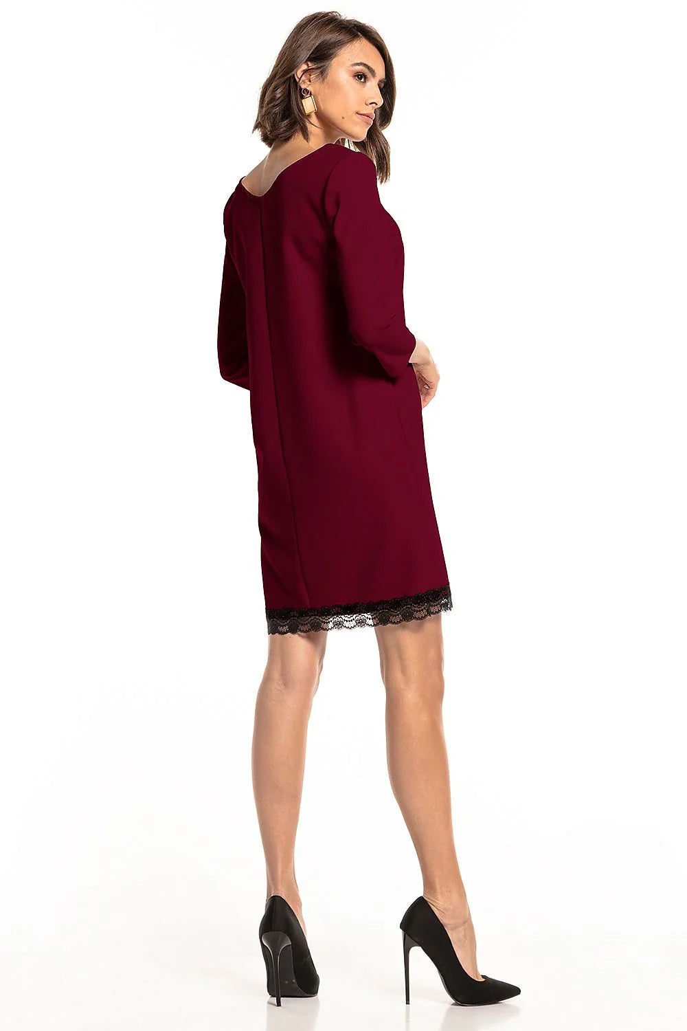 Robe élégante en polyester vert foncé avec dentelle noire manches trois-quarts encolure V sophistiquée