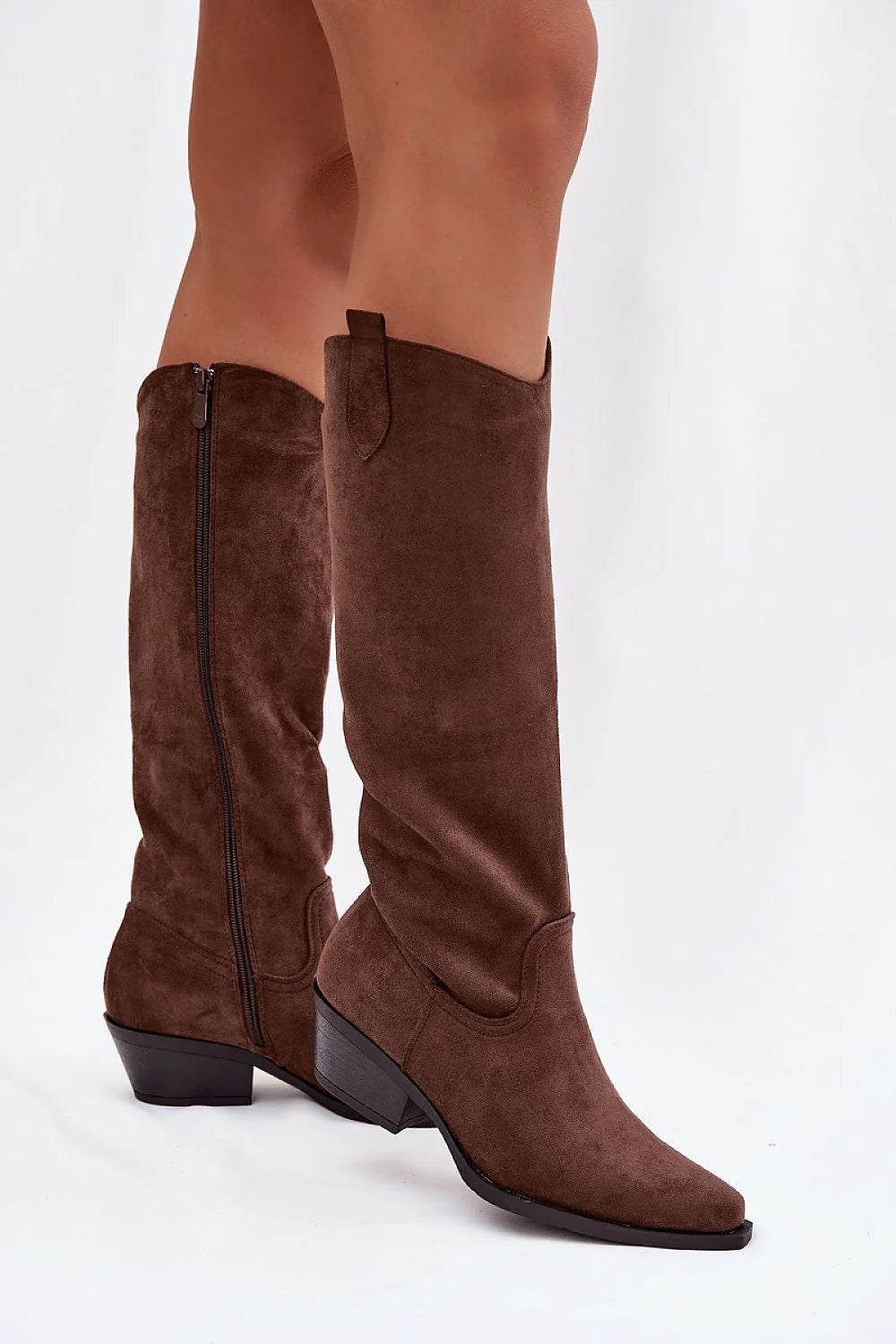 bottes cowboy femme suédine écologique tige 42cm talon biseauté 6cm bout amande pointu fermeture éclair latérale