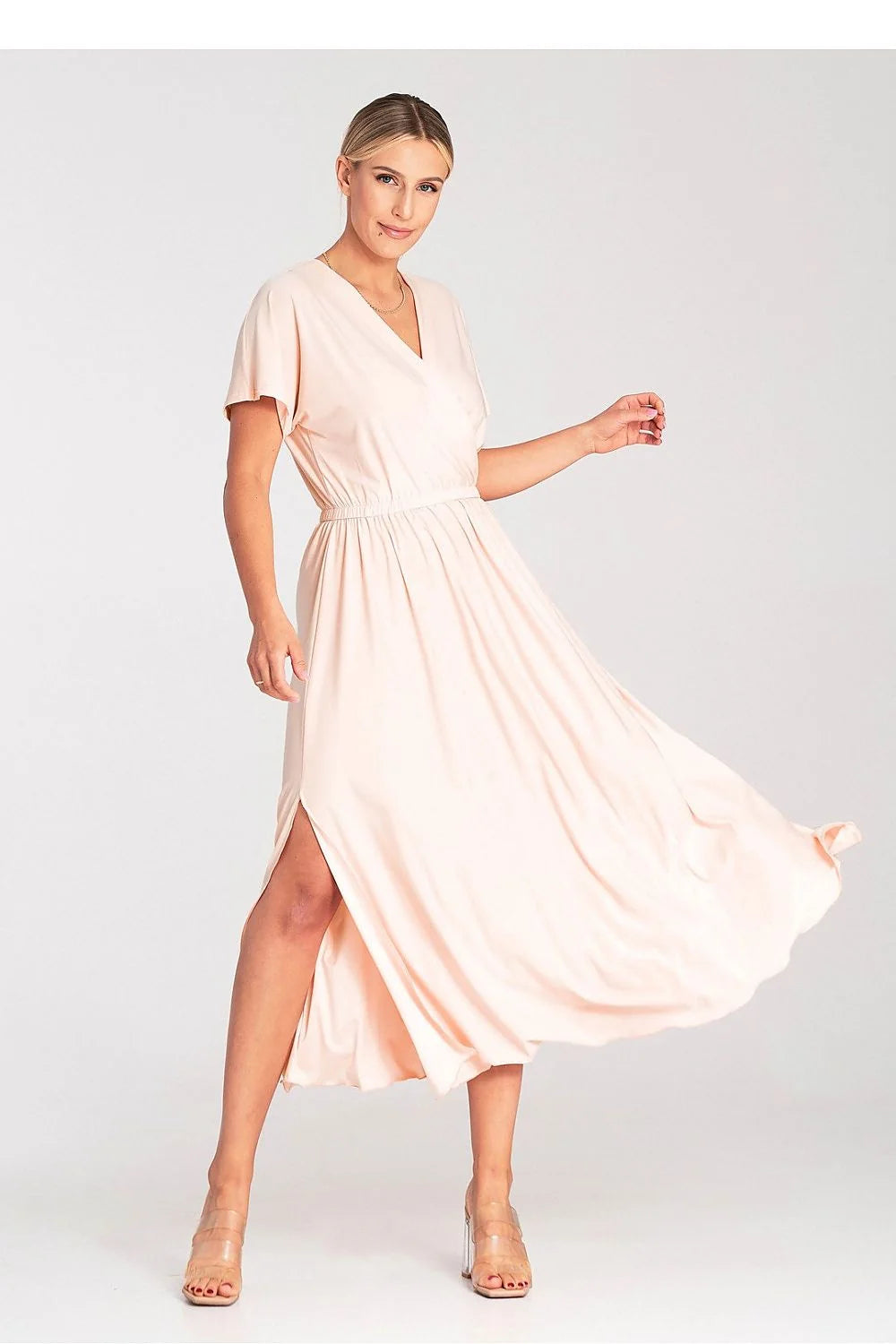 Robe élégante décontractée longue col en V croisé manches courtes taille élastiquée fente latérale pêche pastel femme