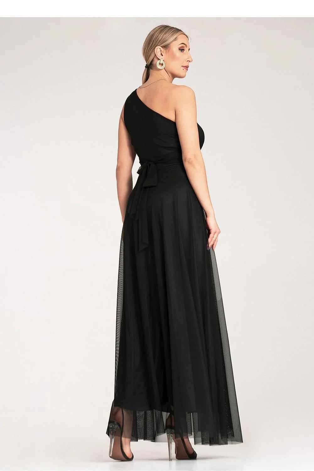 Robe de soirée élégante asymétrique en noir tissu fluide ceinture intégrée pour femme occasion formelle