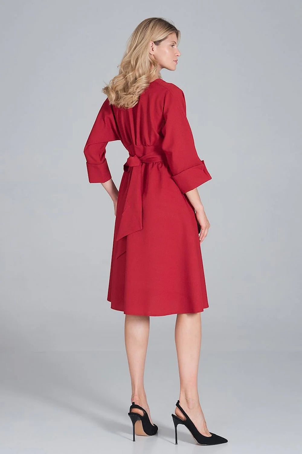Robe midi polyester élégante rose vive manches trois-quarts boutons col V femme mode chic