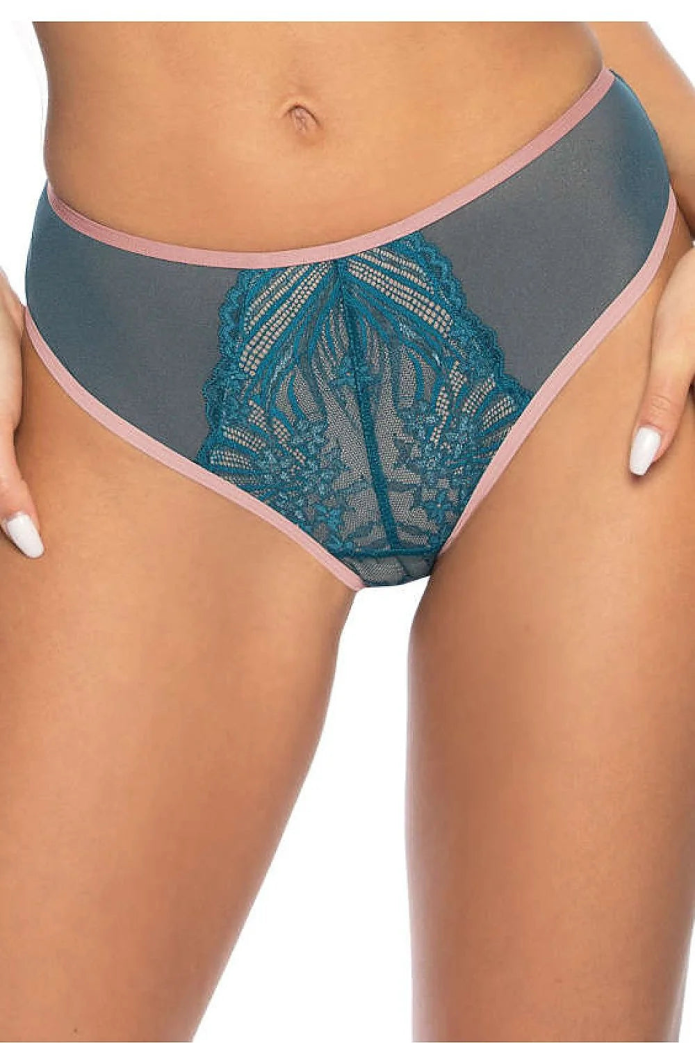 culotte femme bikini mihaute couvrante microfibre gris ardoise dentelle bleu canard bordures rose pale coutures plates taille elastique confort ajustable