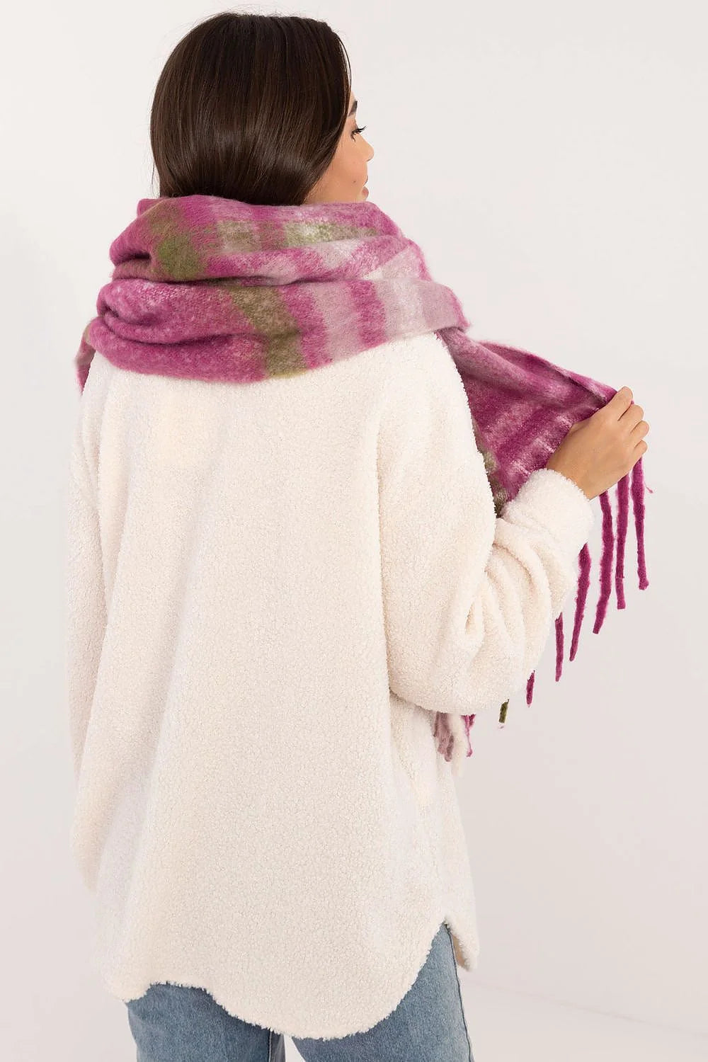 châle oversize femme grand format carreaux diagonaux polyester moelleux pelucheux effet mohair franges larges enveloppant cocooning chaud doux
