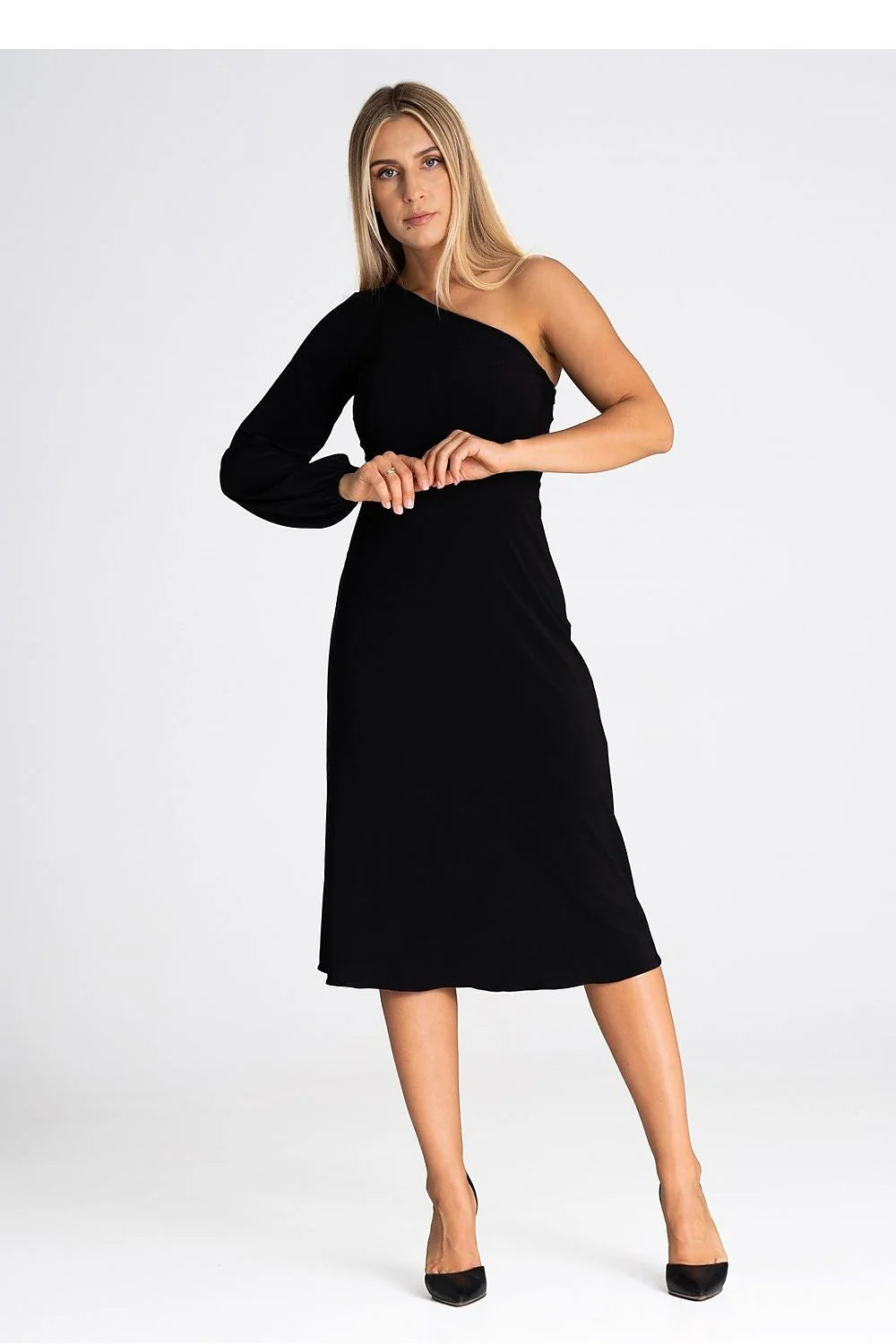 robe cocktail midi asymétrique monoépaule manche longue bouffante resserrée poignet taille cintrée jersey stretch mat fluide fendue noire élégante sophistiquée