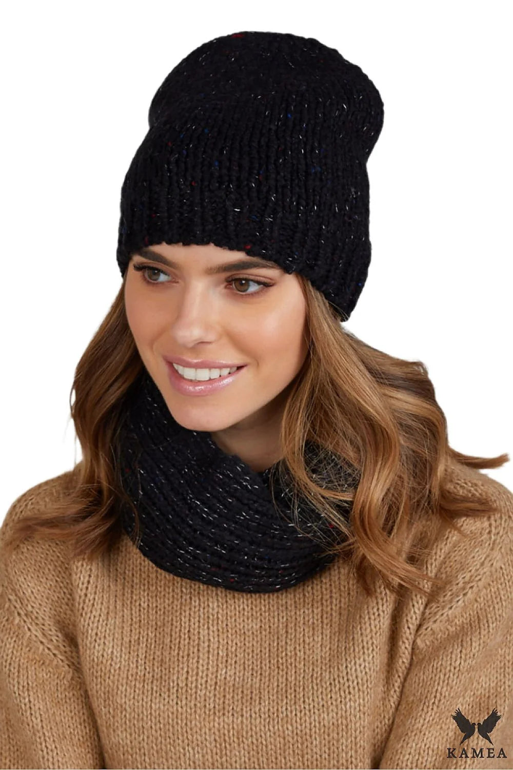 Ensemble Kamea pour femme bonnet snood maille épaisse couleur noire style classique coupe ample confort froid hiver
