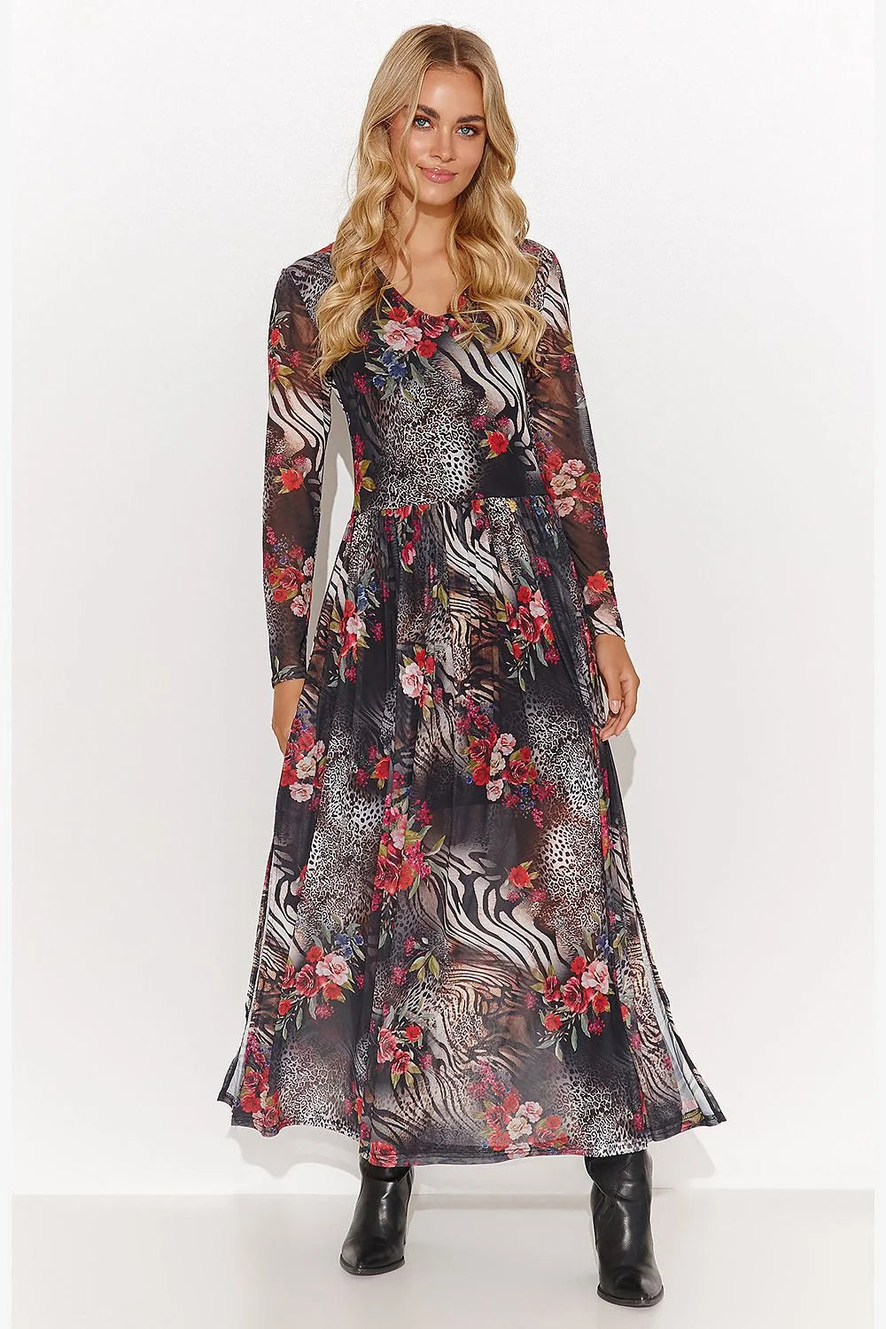 Robe femme longue motifs animaliers fleurs colorées encolure ronde manches longues tissu fluide semi-transparente taille ajustée
