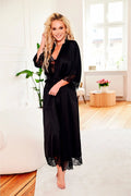 Peignoir Kalimo longue robe de chambre en satin noir dentelle manches 3/4 ceinture ajustable femme
