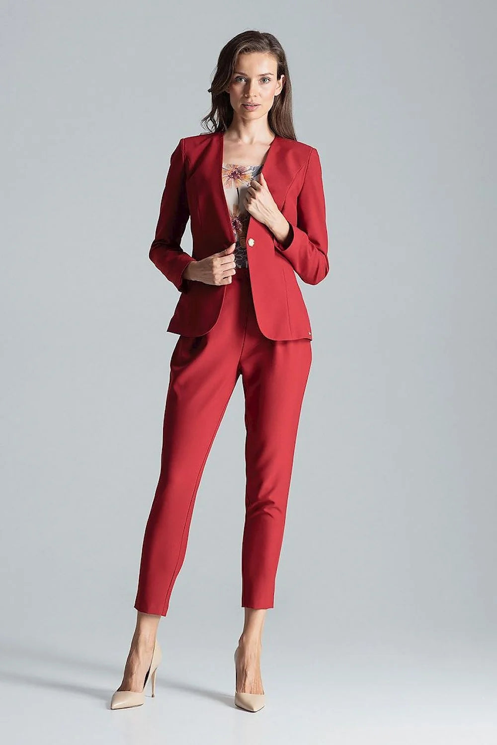 Veste tailleur femme rouge polyester élasthanne élégante ajustée manches longues professionnelle réunions formelles