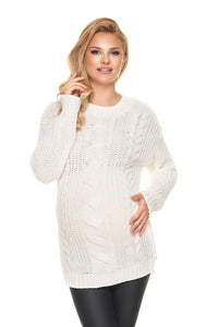 Chandail grossesse en maille tricotée blanc torsades confort élégant hiver mode féminine décontracté