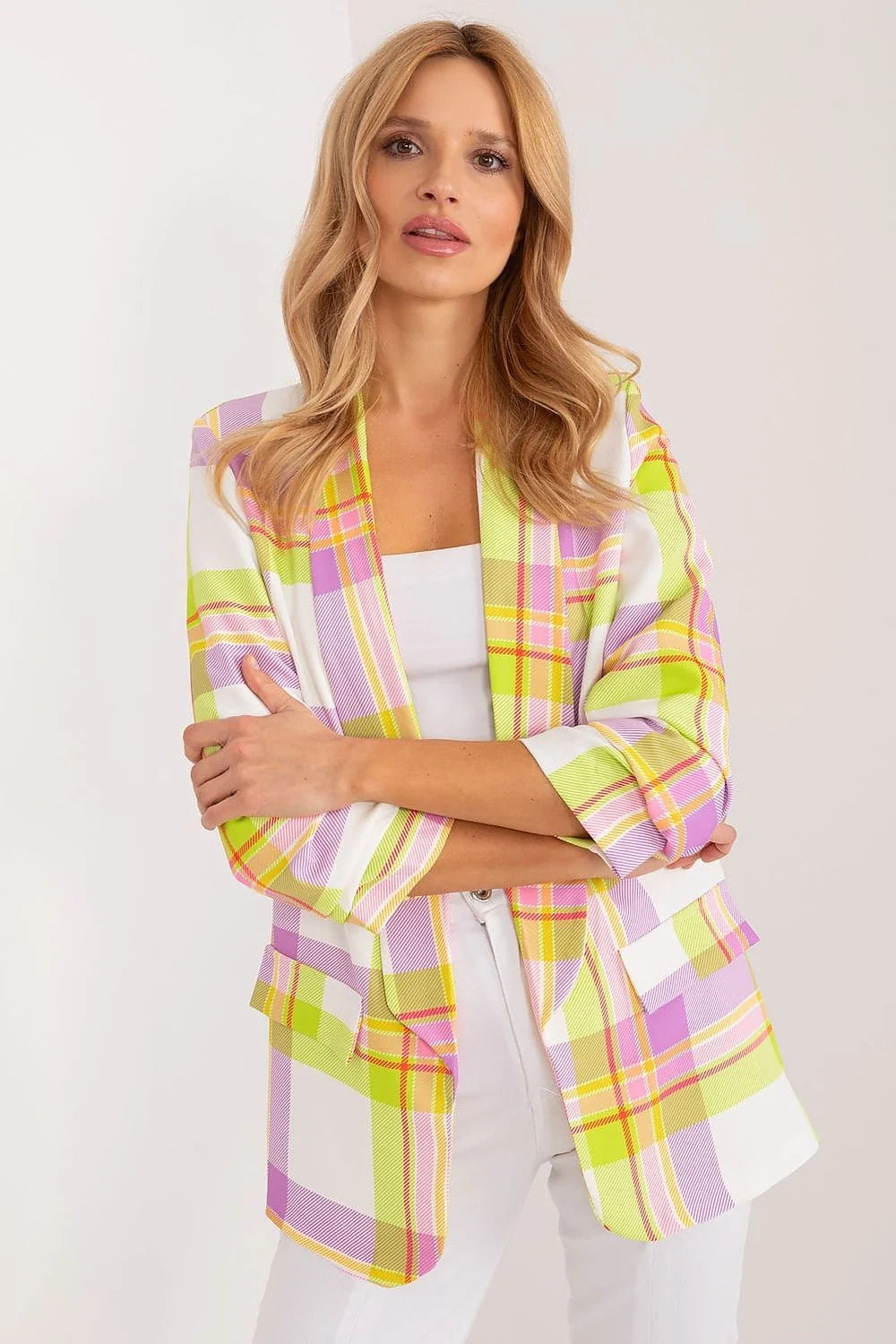 Veste femme style décontracté élégant printemps été motif carreaux coloré coupe droite manches longues poches à rabat