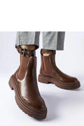 bottes chelsea femme cuir brun lisse brillante semelle caoutchouc crantée plateforme bride cheville boucle métallique élastiques latéraux