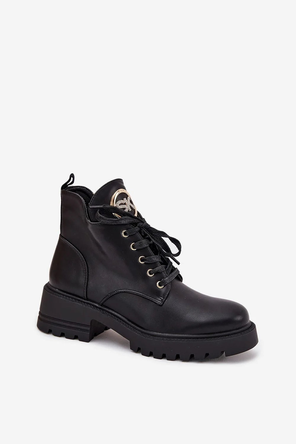 Bottines similicuir noir mihaute bout rond talon bloc plateforme crantee antiderapante lacets zip lateral oeillets logo doré doublure peluche chaleur