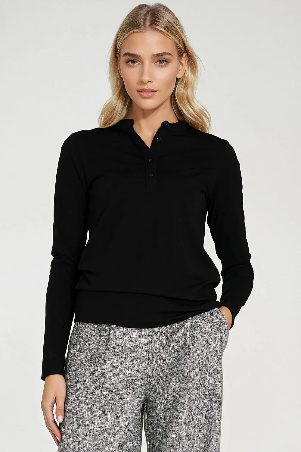 chemisier élégant femme coupe ajusté silhouette extensible spandex col polo montant manches longues boutonné demi décolleté sportif polyvalent quotidien confortable