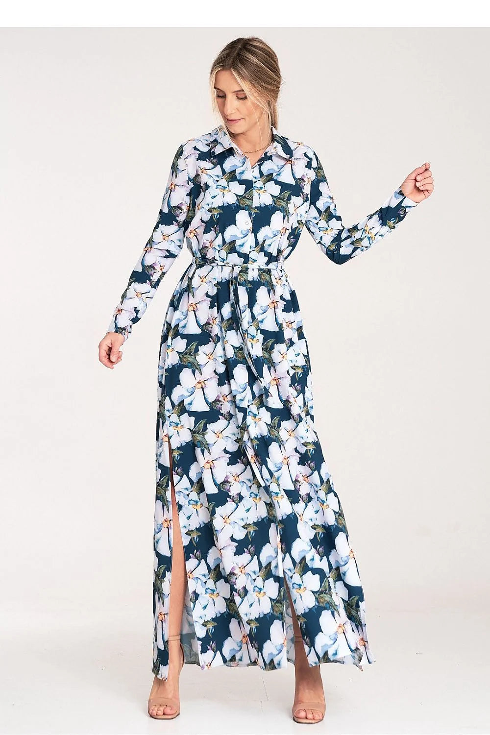Robe longue élégante pour femme avec motif floral bleu marine fleurs blanches manches longues ceinture taille fente côté