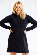 robe sweat capuche noir confortable coupe droite légèrement ample manches longues poignets resserrés côtés réglables coton élasthanne femme