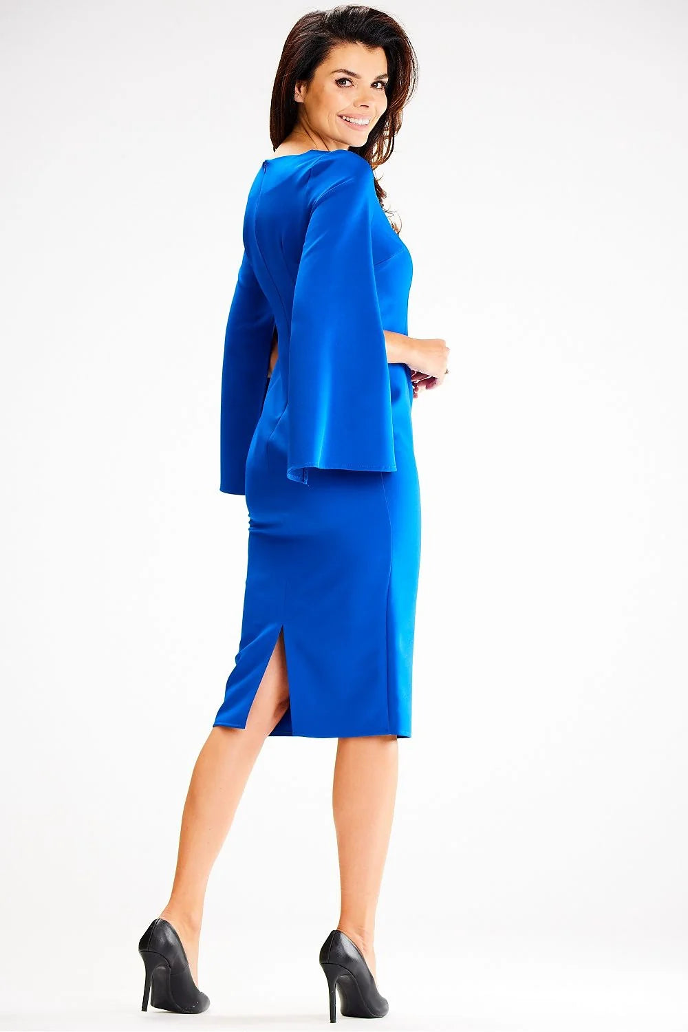 Robe de cocktail élégante en V-neck manches fendues midi bleu royal polyester elasthanne ajustée pour femme
