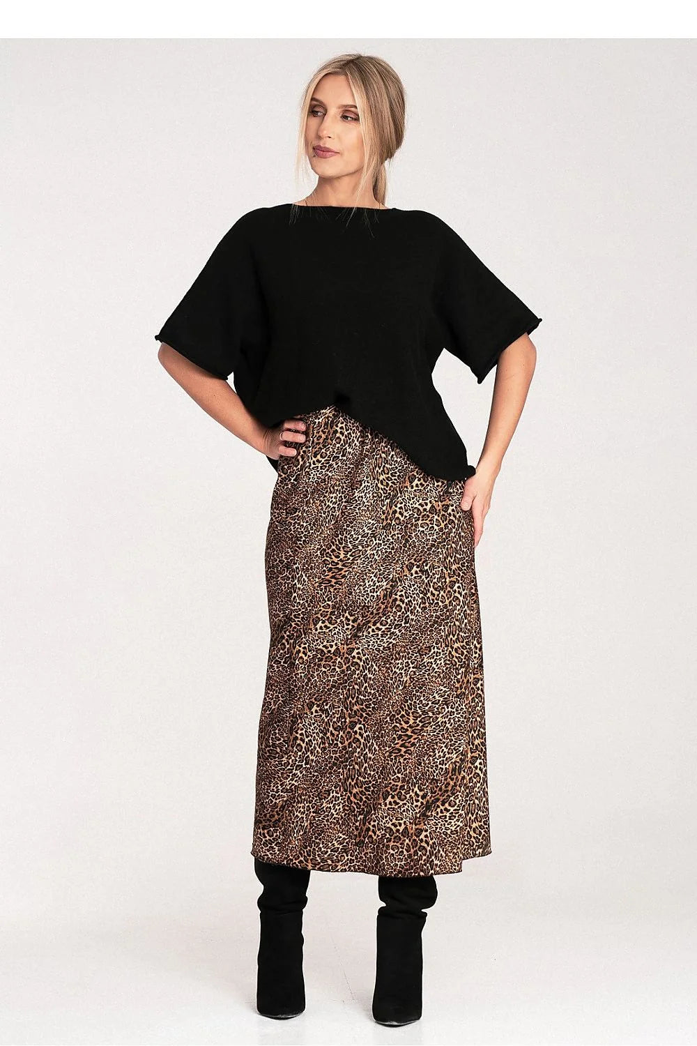 Jupe longue imprimé léopard tissu satiné élastique taille polyester 100 % coupe évasée chic soirée féminine