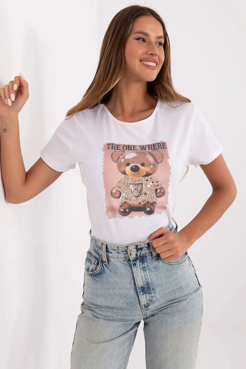 T-shirt pour femmes impression ours en peluche paillettes dorées manches courtes coton élasthanne col rond classique