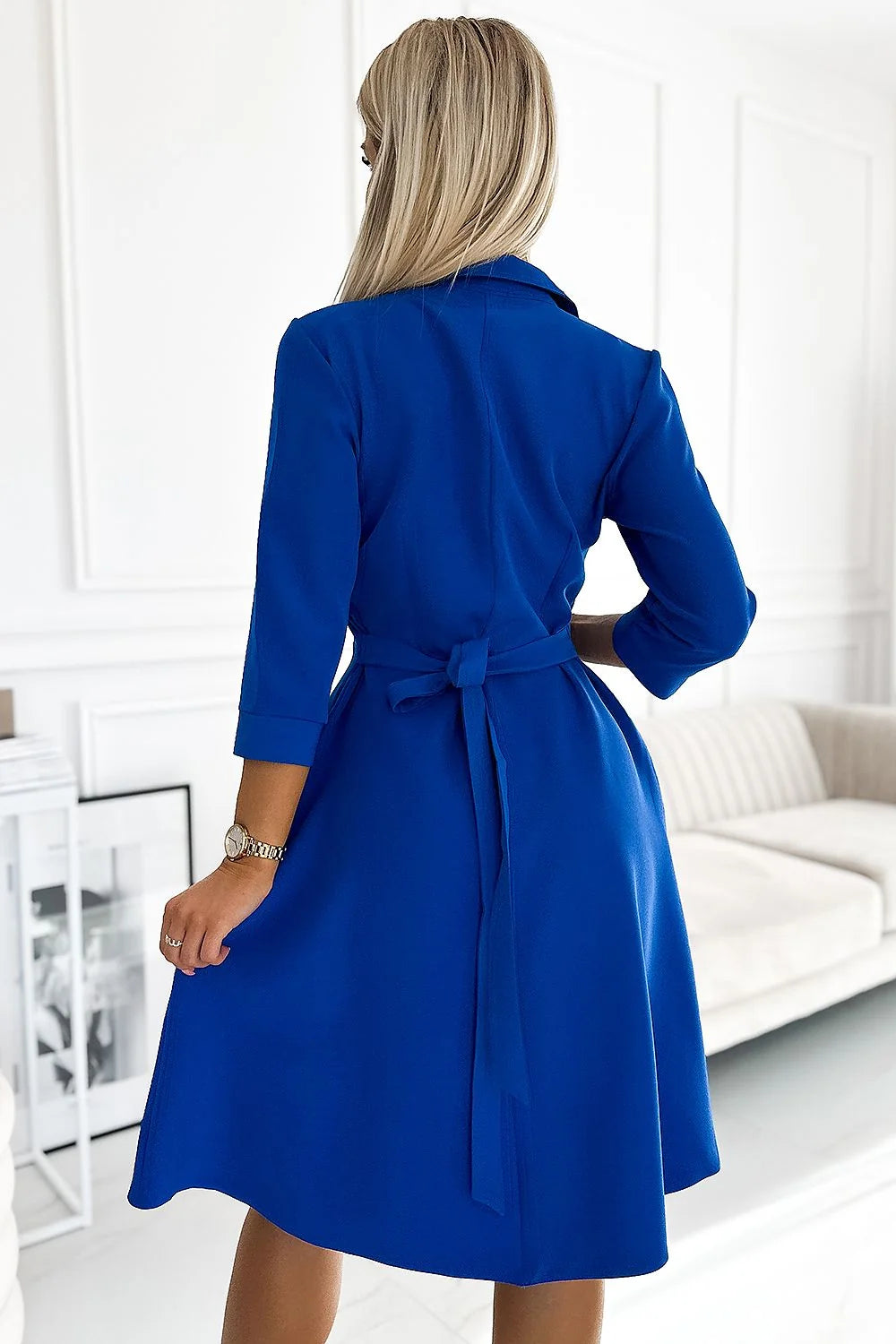Robe de jour élégante en polyester élasthanne Numoco pour femmes, bleu cobalt, taille ajustable, manches 3/4, poches latérales