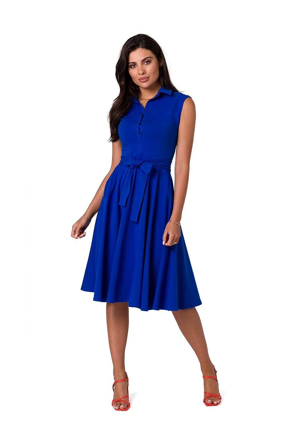 Robe de jour sans manches élégante verte vif ceinture assortie col chemise femmes coton elasthanne taille ajustable occasionnels