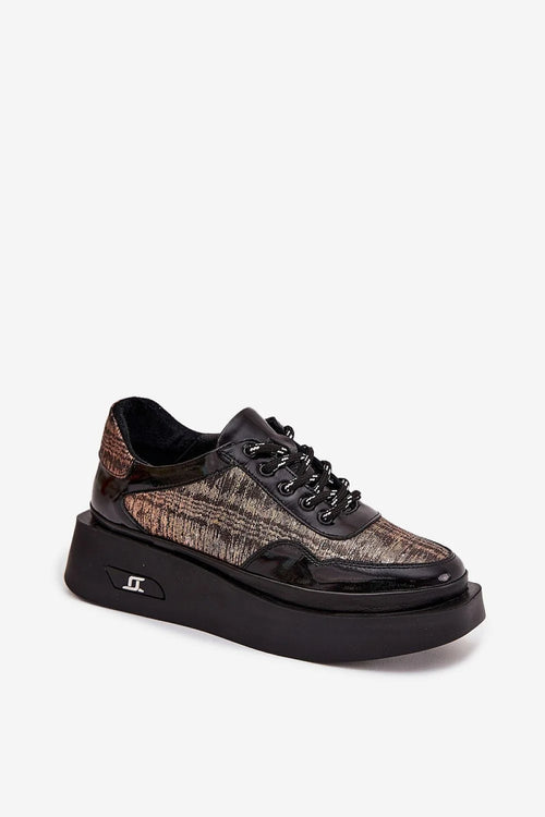 baskets femme sneakers compensées chunky cuir verni noir textile tressé bronze taupe métallisé bout rond œillets métal laçage plateforme épaisse
