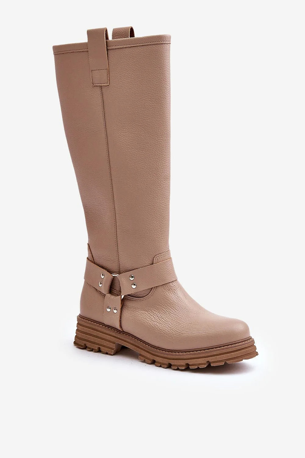 Bottes hautes cuissardes en cuir beige naturel zip latéral bride métallique style classique automne-hiver femme confortable occasion spéciale