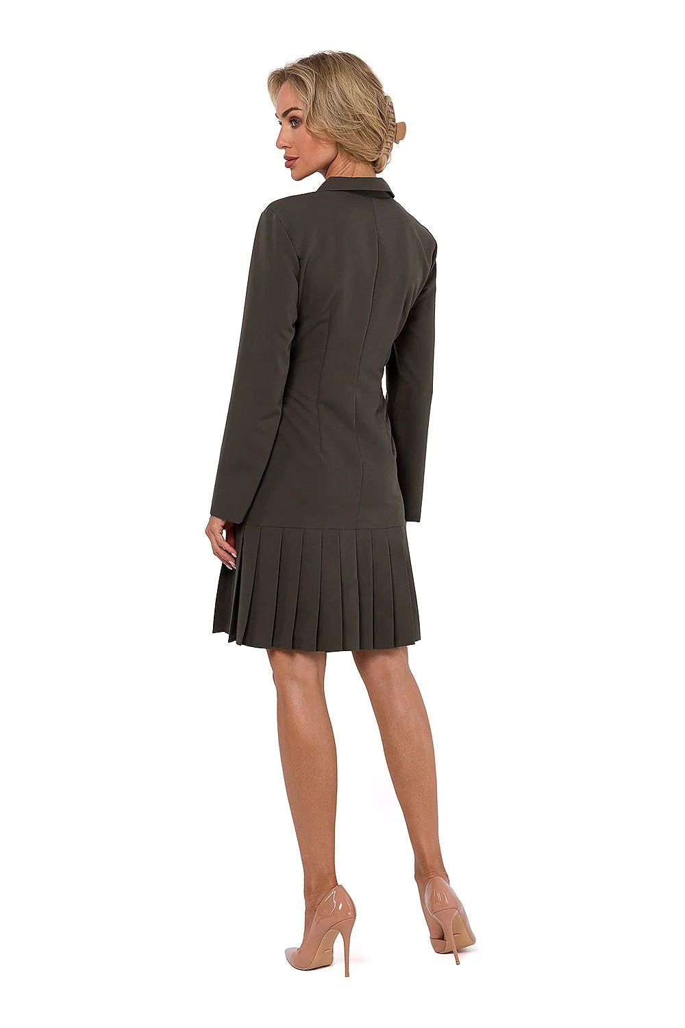 Robe de jour élégante pour femme en kaki foncé, manches longues, col à revers, taille ajustable, polyester et viscose