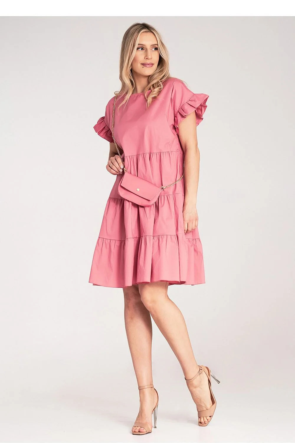 Robe de jour moderne avec volants en coton rose vif pour femme, taille empire, manches courtes, occasion décontractée ou semi-formelle