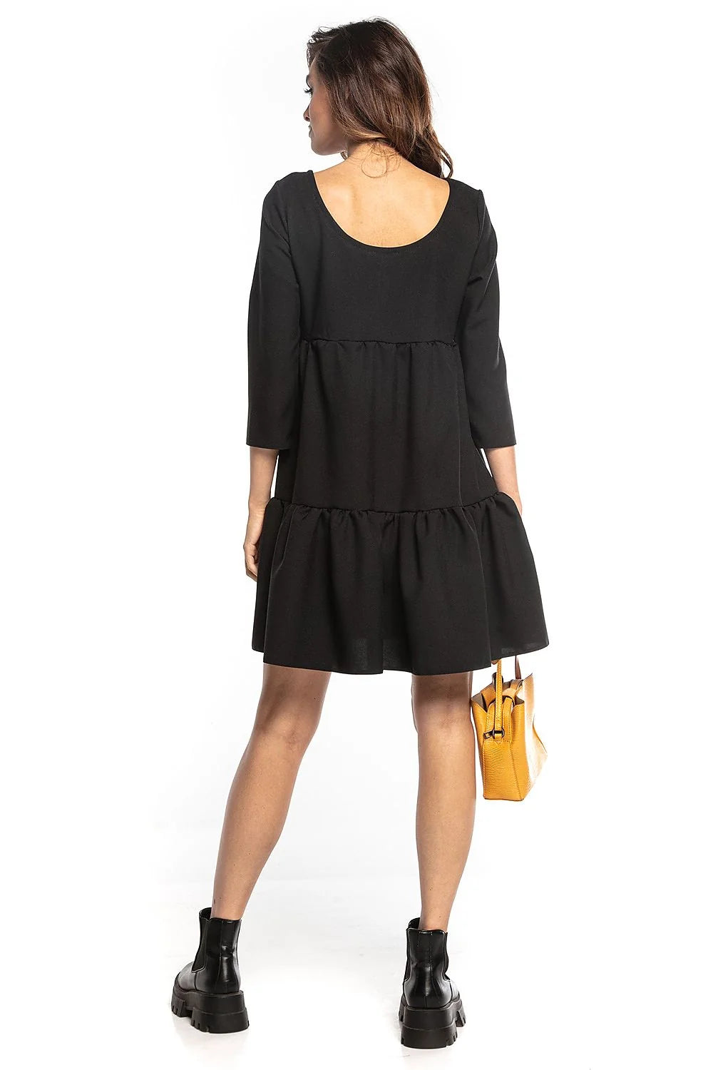 Robe ample polyester élasthanne décontractée élégante manches trois-quarts col rond bleu canard automne femmes