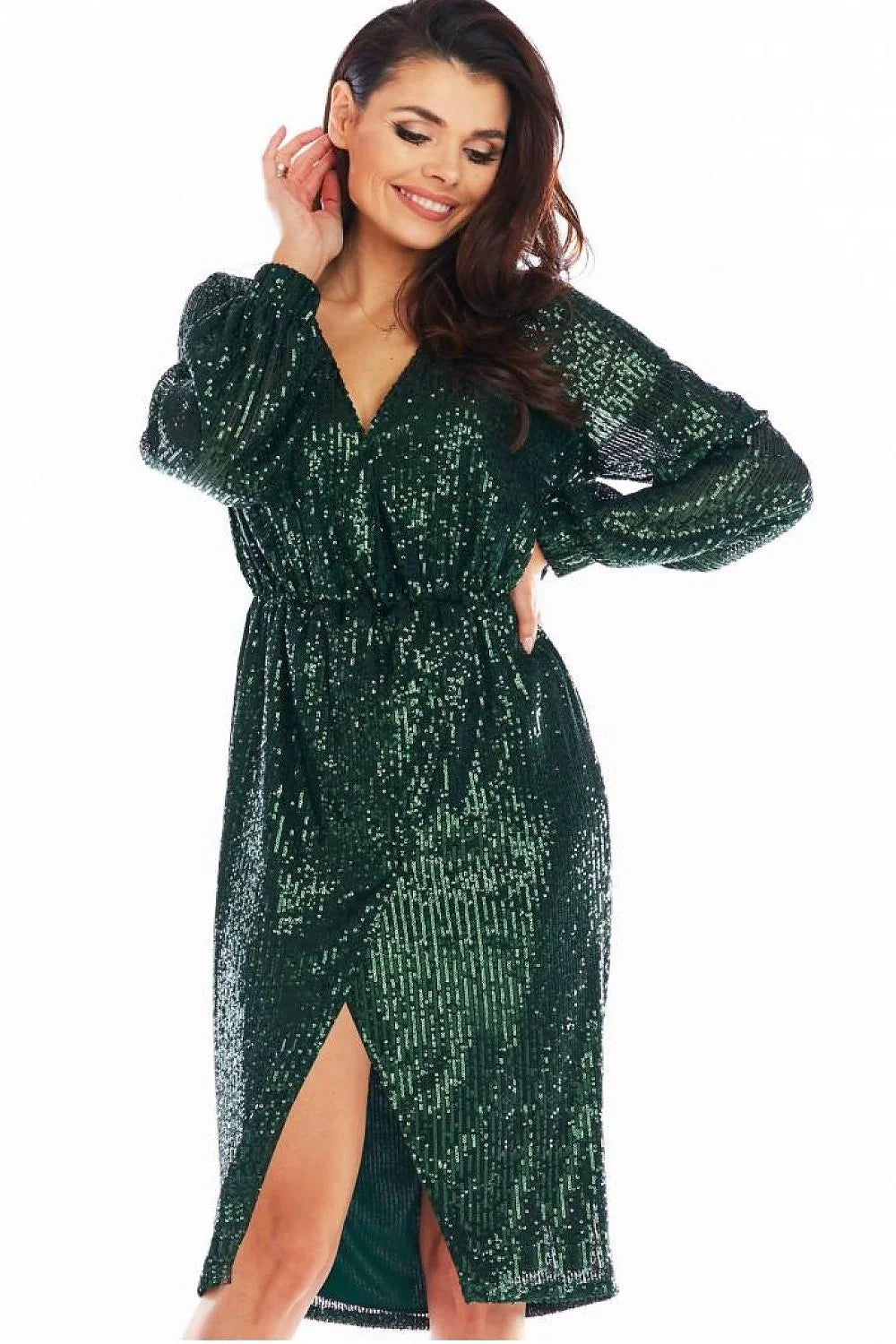 Robe de soirée élasthanne polyester paillettes encolure V manches longues ajustable élégante femme moderne
