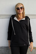 Sweatshirt Femme Élégant en Coton Noir Capuche Large Manches Longues Look Moderne Coupe Ajustée
