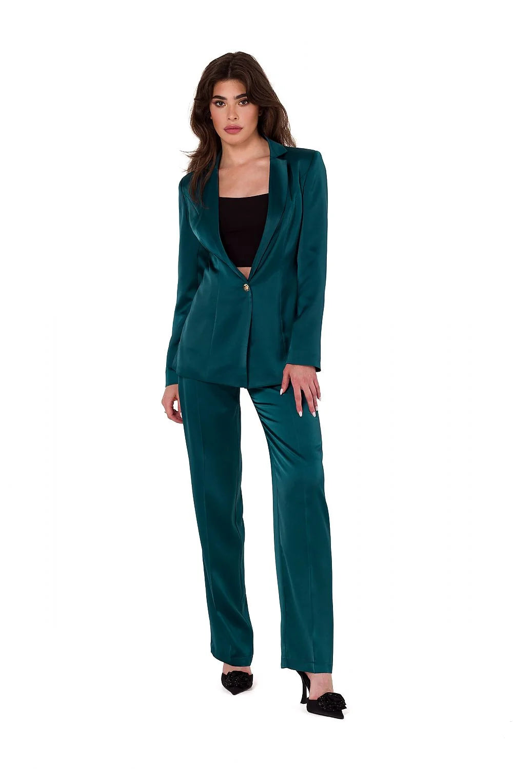 Costume Tailleur Femme Blazer Pantalon Vert Émeraude Satin Classique Élégance Professionnel Événements Haute Qualité Pologne