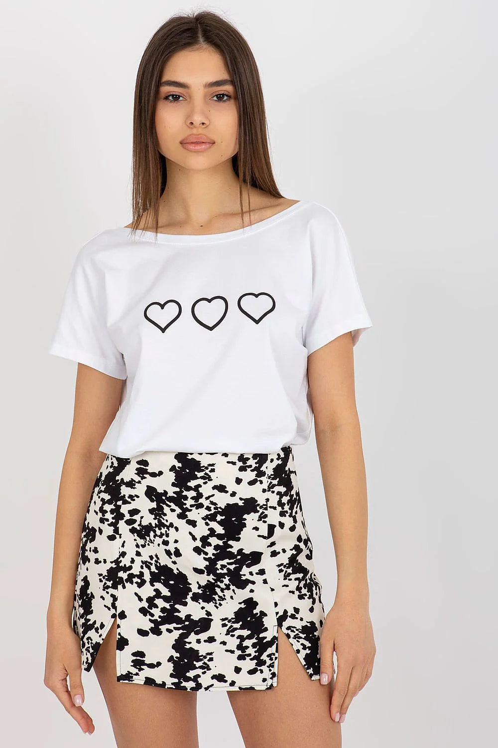 T-shirt Rue Paris femme en coton imprimé cœurs noirs coupe droite manches courtes encolure bateau jupe animalière zèbre noir blanc