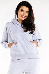 sweatshirt oversize capuche gris chiné molleton doux extensible poche kangourou manches tombantes bords côtes poignets pantalon assorti taille élastique confort