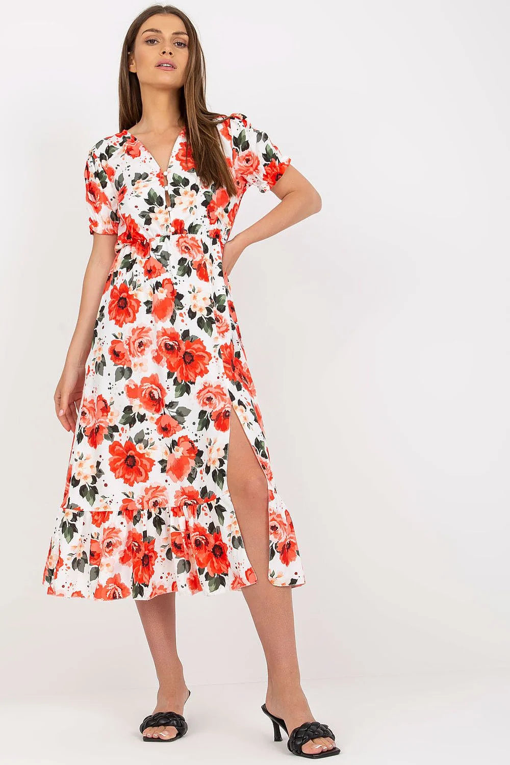 Robe d'été florale femme manches courtes polyester elasthanne fente volant universelle 95% polyester 5% elasthanne