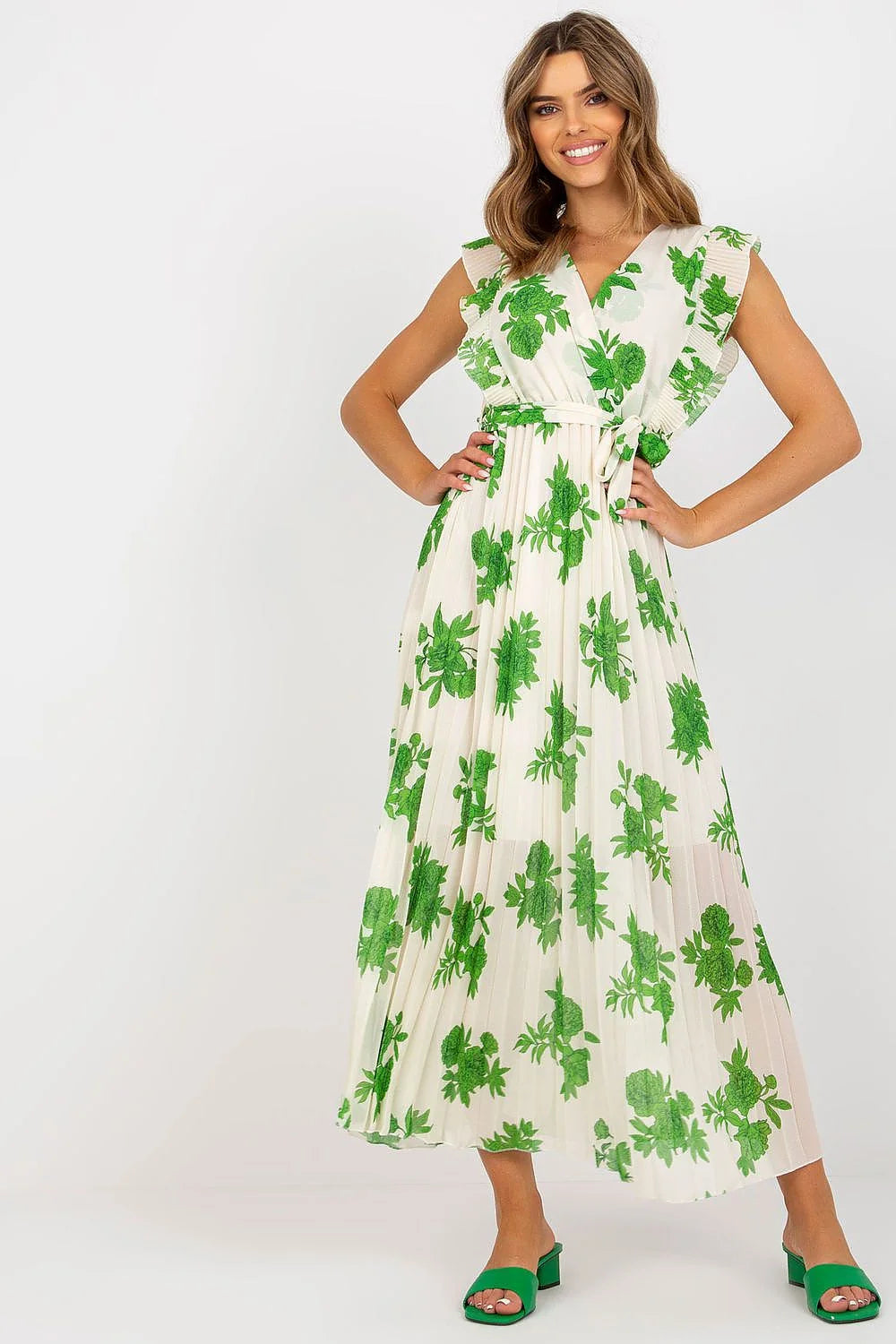 robe estivale longue volants manches courtes ceinture nouée ajustable motif floral orange crème fluide plissé portefeuille décolleté V