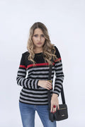 Pull femme en jersey doux rayures horizontales noir gris rouge style décontracté polyvalent moderne