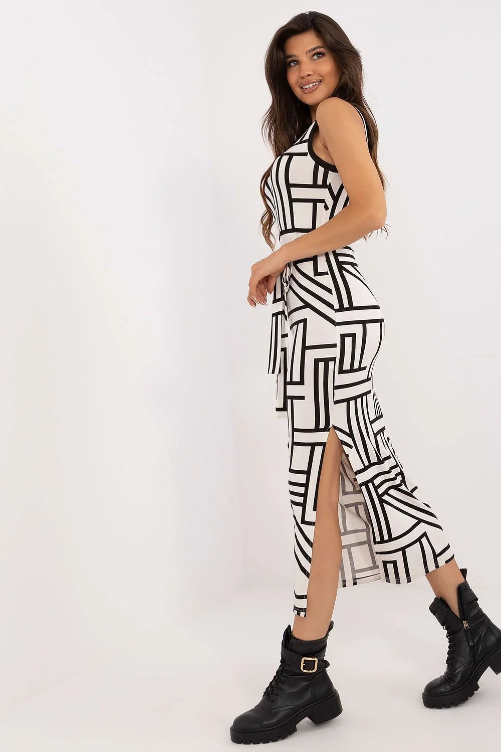 Robe de jour Lakerta, robe crayon midi sans manches, encolure en cœur, motif géométrique, ceinture assortie, tissu doux et élastique, femmes élégance et confort
