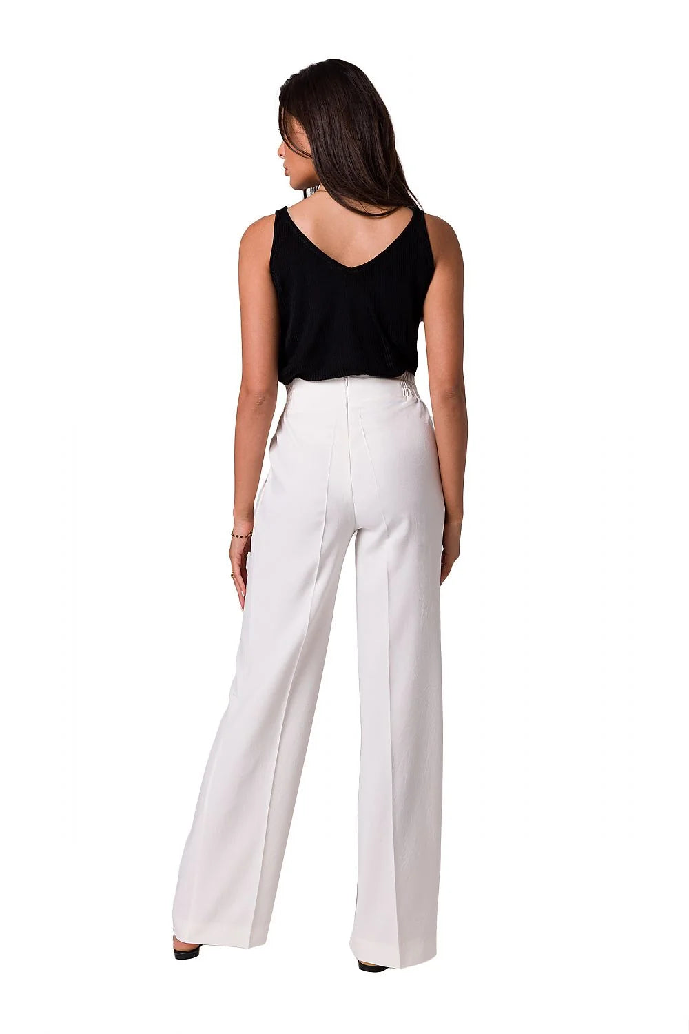 Pantalon long Be Wear en tissu léger, blanc, taille haute, coupe ample, boutons dorés, pour femmes élégantes