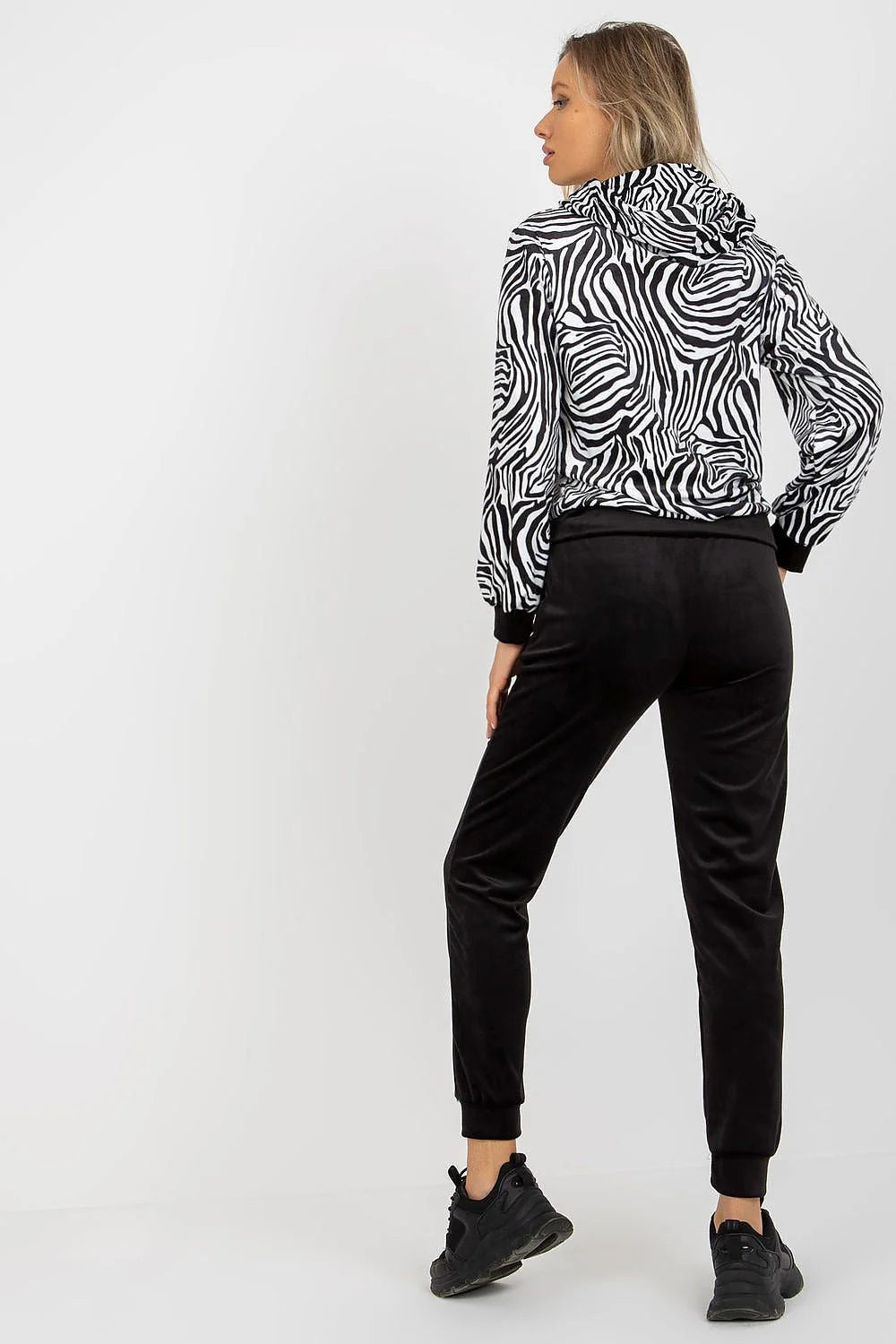 Ensemble Rue Paris sweat-shirt capuchon pantalon jogger velours coton élasthanne motifs animaux noir blanc bleu femme