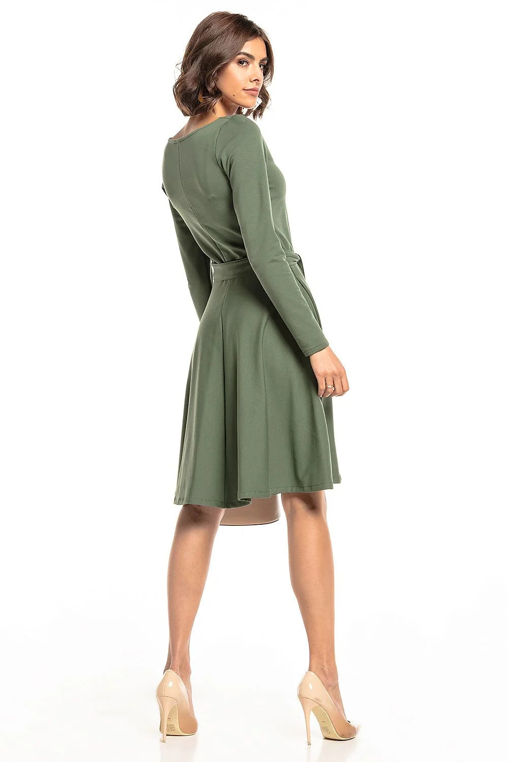 Robe en coton bleu élégante Tessita manches longues col V ceinture intégrée pour femmes