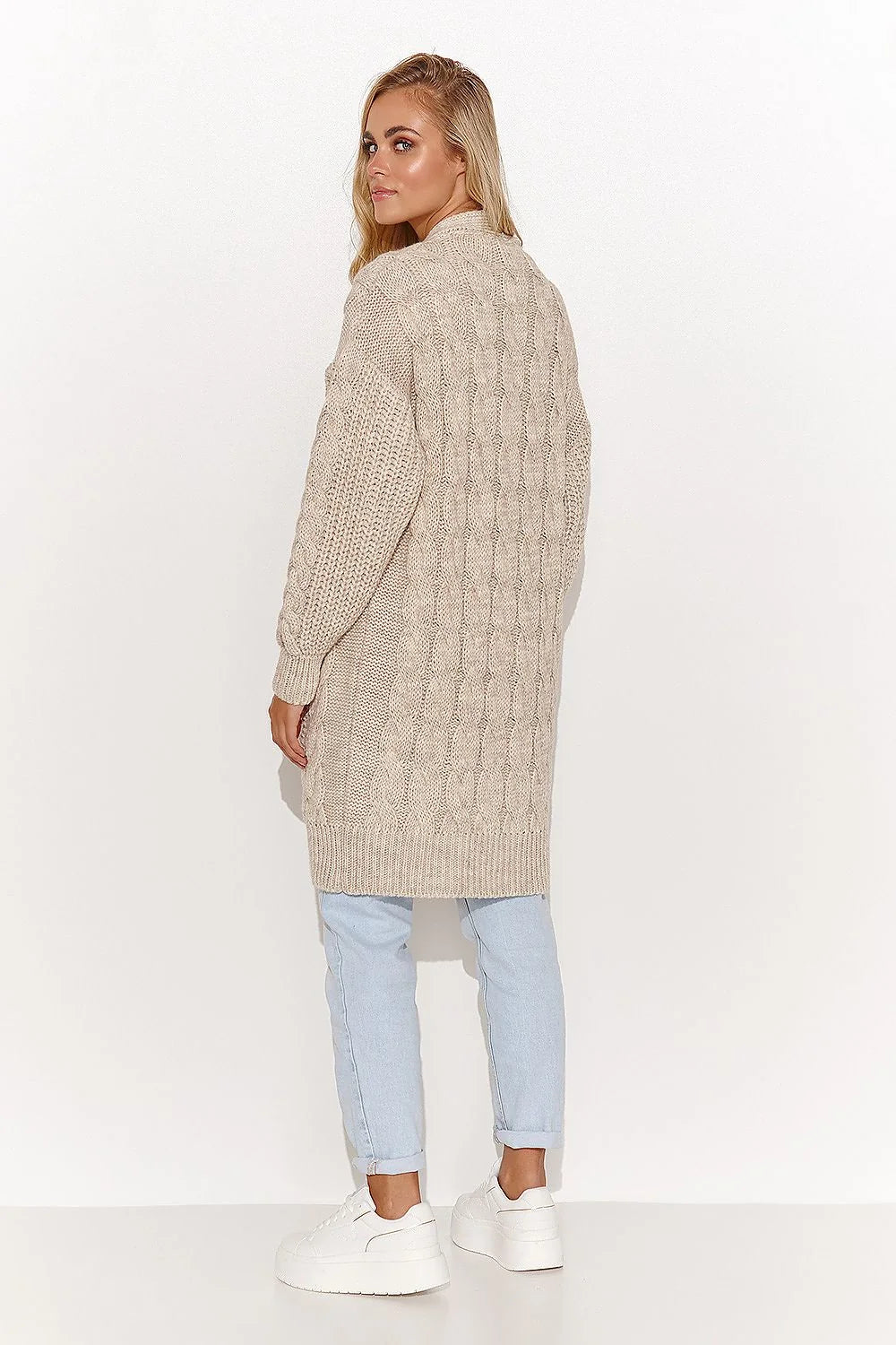 Cardigan maille torsades pour femme, coupe longue, style classique, couleur beige clair, manches longues, poches intégrées
