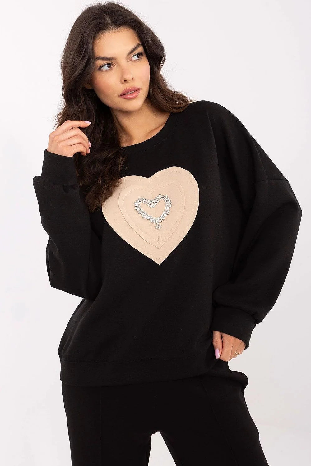 Sweatshirt féminin à la coupe ample en mélange de coton, design心 scintillant, manches longues, col rond, polyvalent pour quotidien et occasion chic
