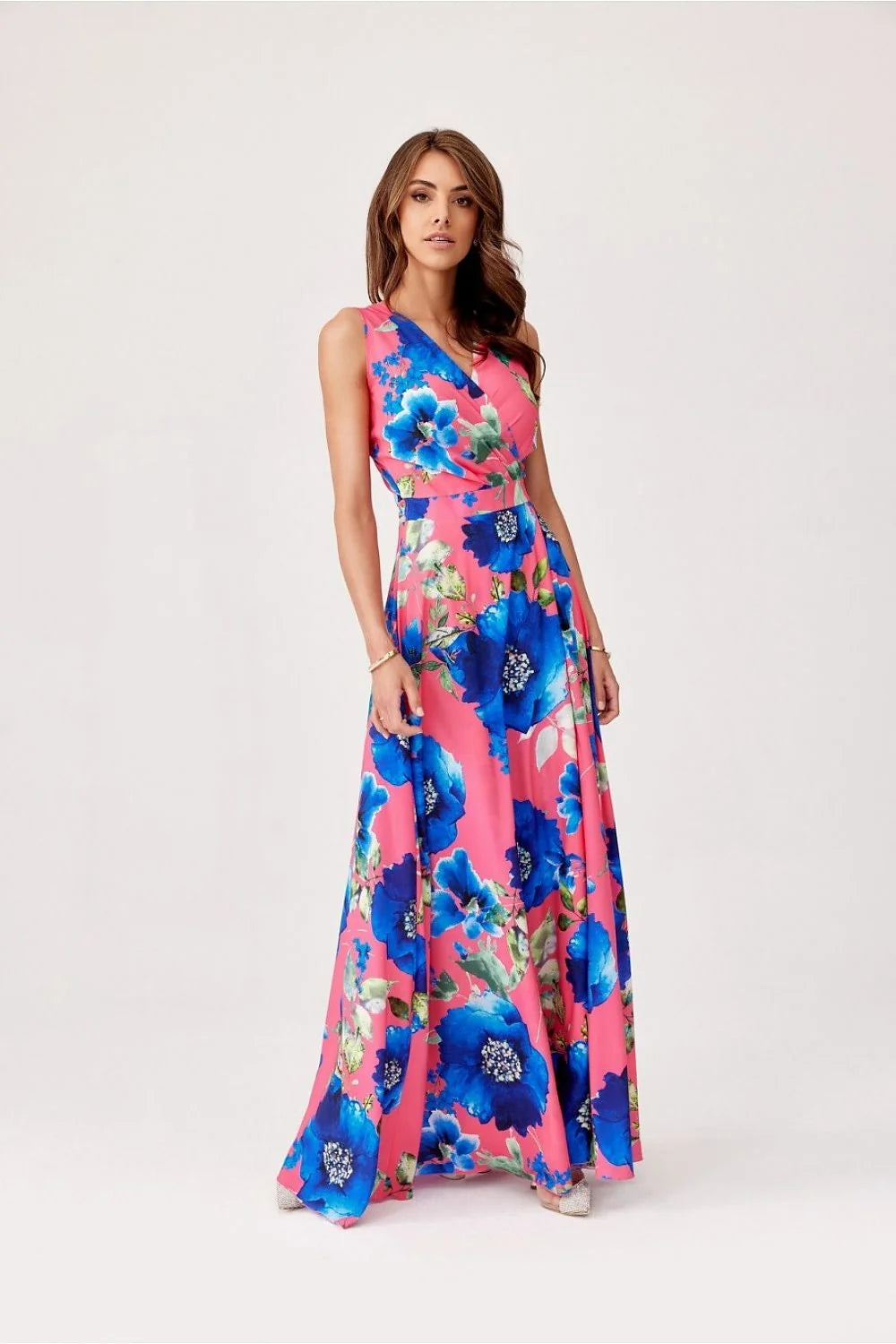 Robe de jour Roco Fashion longue motif floral bleu rose V neckline bretelles fines taille ajustée occasion spéciale femme