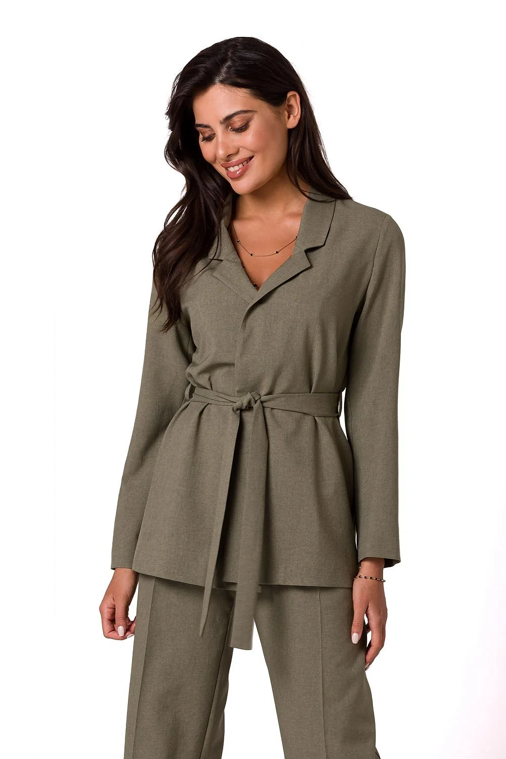 Ensemble femme blazer chemisier manches longues pantalon droit taille ajustable style élégant matériau léger couleur blanc pur